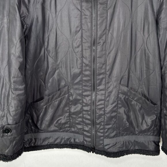 BCBG MAXAZRIA Barrett Quilted Full Zip Jacket Womens Large Black Faux Fur Hood - Picture 3 of 14